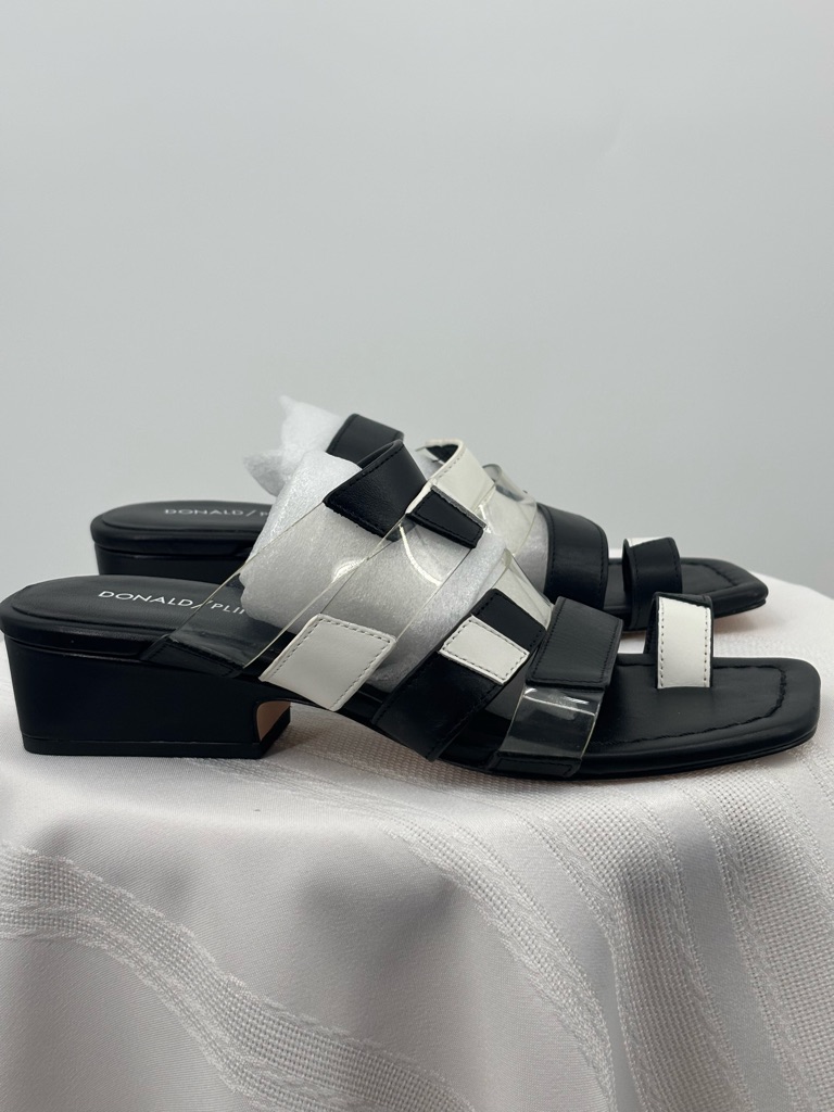 Donald Pliner Leather Strappy Black & White Square Toe Heeled Sandal Size 7